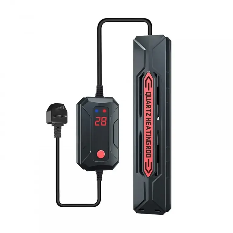 Quartz heating rod with UK three‑pin plug and inline digital temperature controller showing 28°C on a white background